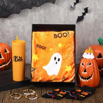Meanplan 7 Pack Halloween Boo Basket Stuffers Halloween Gifts for Women Orange Basket Stuffer Includes 12oz Orange Acrylic Ghost Tumbler Velvet Blanket Crochet Ghost Keychain Socks for Family