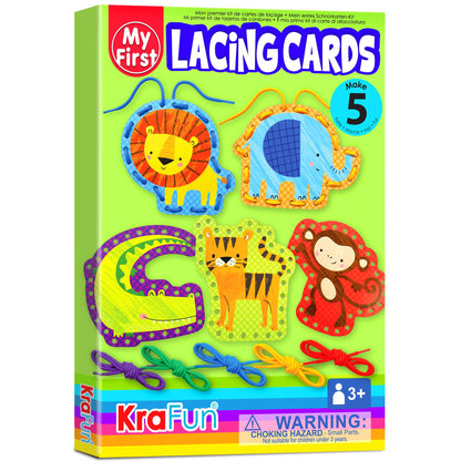KRAFUN My First Lacing Cards Kit for Toddlers & Kids Age 3+, 5 Safari Animal Arts & Crafts Projects, Fine Motor Skills Toys, Beginner Activity Set with Lion Monkey Elephant Tiger Crocodile