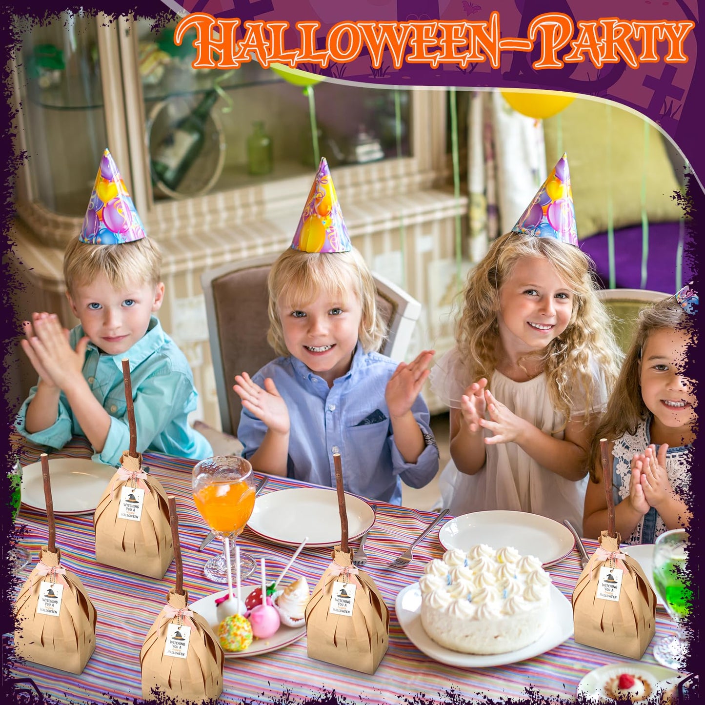 Geyoga 96 Pcs 25" Halloween Treat Bags Large Witch Broom Candy Kraft Paper Bag Set (No Need to Crop) with Pink Cable Tie, Gift Card and Real Dry Branches for Halloween Trick or Treat Party Supplies
