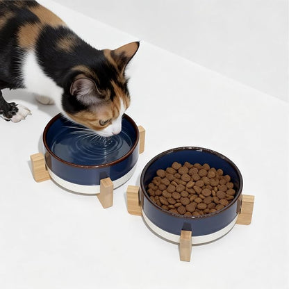 Elevated Ceramic Cat and Dog Double Bowl Set - 14 oz Lead-Free Feeder with Two Natural Bamboo Wood Stands (Blue)