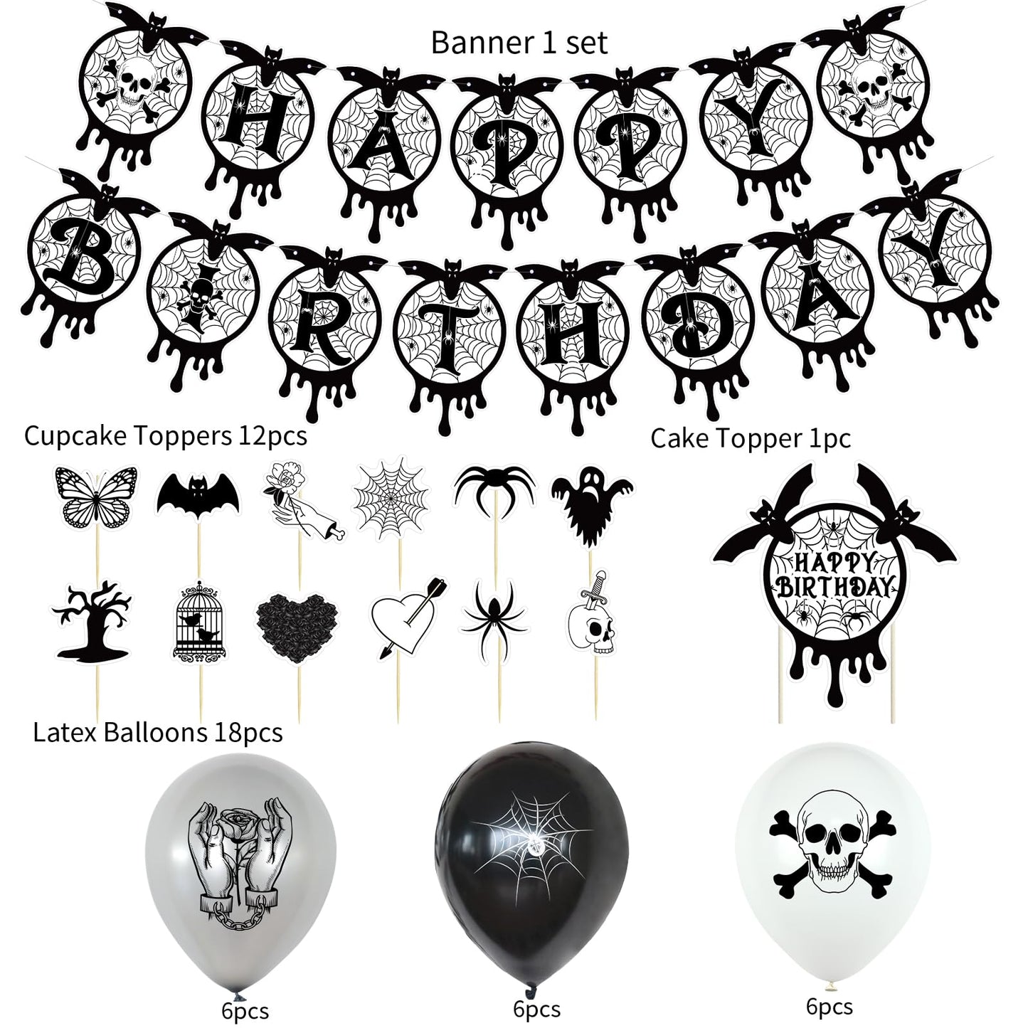 Gothic Black and Silver Horror Theme Birthday Party Supplies Funeral Decorations with Balloons Die Cut Skulls Hearts Ghosts Bats Spiders and Screaming Faces Halloween Party Supplies