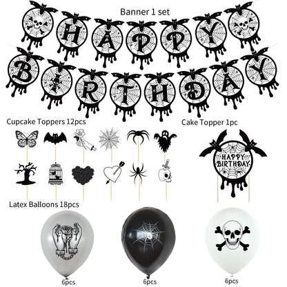 Gothic Black and Silver Horror Theme Birthday Party Supplies Funeral Decorations with Balloons Die Cut Skulls Hearts Ghosts Bats Spiders and Screaming Faces Halloween Party Supplies