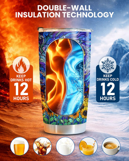 34HD Jack Skeleton Starry Nightmare Painting Tumbler 20oz Stainless Steel Insulated Travel Mug Sunflower Stained Glass Art Coffee Cup Movie Fan Gifts for Men Women Birthday