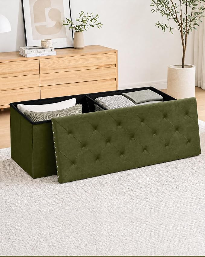 B FSOBEIIALEO Storage Ottoman Bench, Folding Tufted Ottomans with Storage, Extra Large 140L Storage Boxes Footrest Bench for Bedroom, Luxury Velvet Fabric 43 Inches Olive