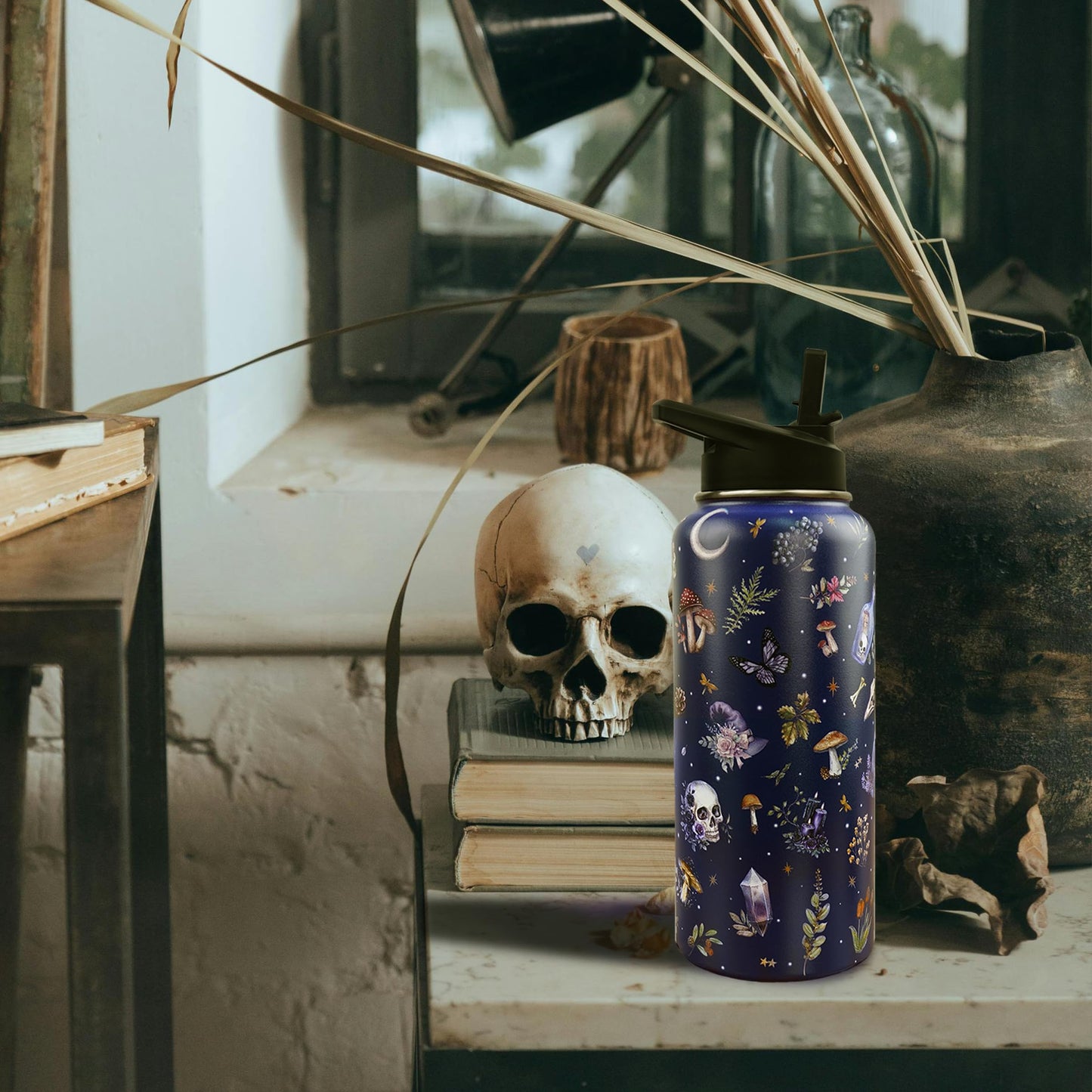 Insulated Goth Water Bottle 32 oz, Goth Gifts for Women, Halloween Gothic Water Bottle with Straw and Lid, Reusable Leakproof Tumbler Stainless Steel