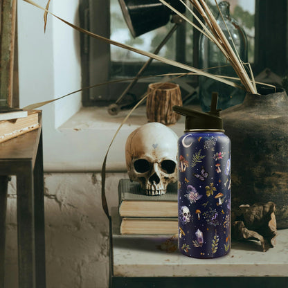 Insulated Goth Water Bottle 32 oz, Goth Gifts for Women, Halloween Gothic Water Bottle with Straw and Lid, Reusable Leakproof Tumbler Stainless Steel