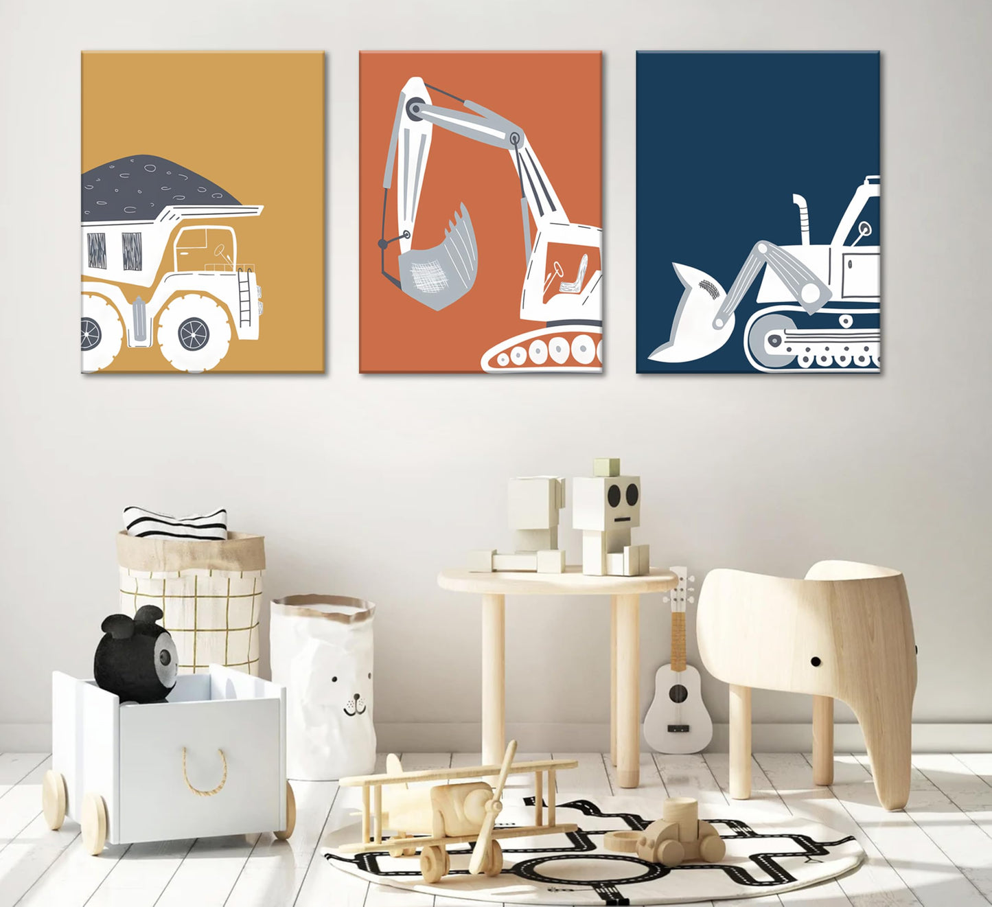 3 Pcs Construction Truck Nursery Canvas Wall Art Excavator Dump Truck Tractor Painting Picture Wall Decor Poster Print Artwork Kids Room Boys Room Baby Room Home Decoration