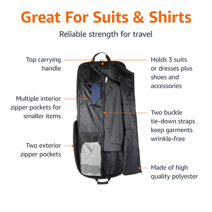 Amazon Basics 46" Premium Garment Bag for Travel, Suit Bag with Shoulder Strap for Suits and Dresses, 1680D Polyester Fabric, Exterior/Interior Pockets, Leather-reinforced Corners, Trifold, Black