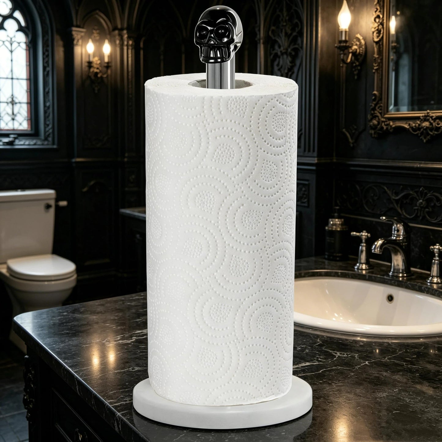 Homestia Skull Paper Towel Holder - Black Obsidian Gothic Marble Stainless Steel Countertop Stand, Weighted Non-Slip Base, Fits Standard & Jumbo Rolls for Kitchen Bathroom