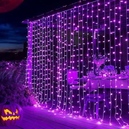 Dazzle Bright 300 LED Christmas Curtain String Lights, Halloween Fairy Lights for Bedroom with 8 Lighting Modes, Waterproof Window Light Party Wedding Garden Wall Decor, Purple