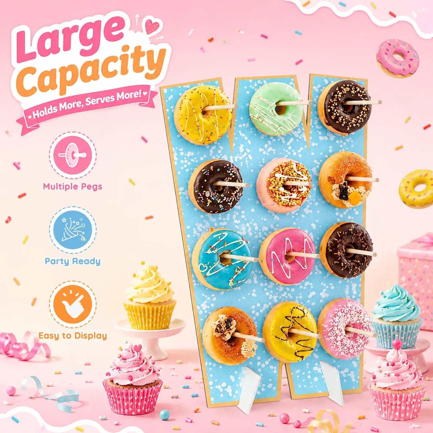 Prospura 3 Pack Donut Wall Display Stand, Two Sweet Theme Donut Board for Dessert Table,Wooden Decorative Doughnut and Bagel Holder for 2nd Anniversary Birthday Party Wedding