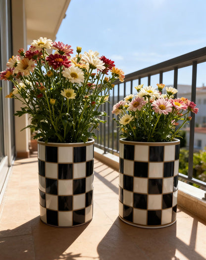 Porlien Ceramic Checker Plant Pots Indoor with Drainage, Set of 2