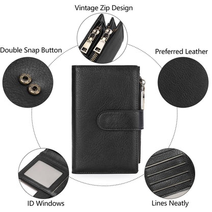 GOIACII Womens Wallets RFID Blocking Leather Trifold Clutch Wallet Credit Card Holder Ladies Purse 3 ID Windows Black