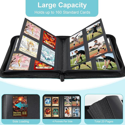 BYSTER 4 Pocket Card Binder, Premium PU Trading Card Binder with Zipper, 160 Capacity Side-Loading Binder for TCG, MTG, Sports Cards, Game Cards, Teal
