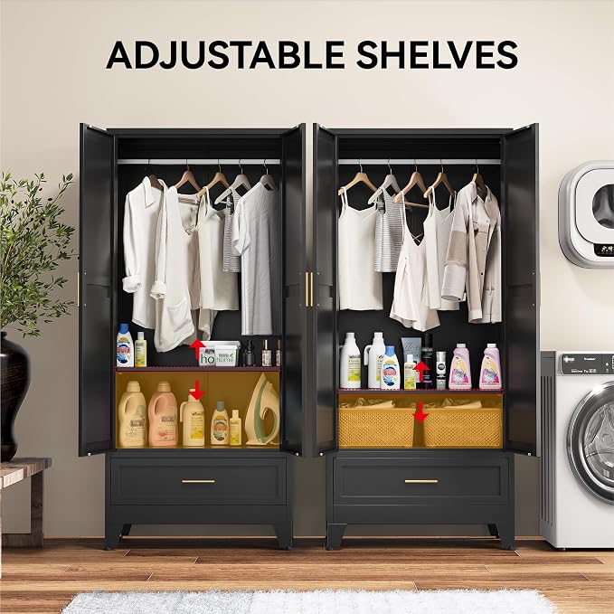 COFaR Modern Black Metal Wardrobe Closet, 71" Tall Steel Armoire with Drawer, Hanging Rod & Adjustable Shelf, 2-Door Freestanding Storage Cabinet for Bedroom, Closet Organization (Black)