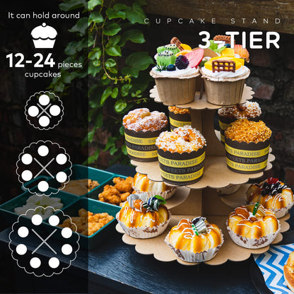 Humlindo 3-Tier Brown Cupcake Stand, Vintage Kraft Paper Dessert Display Tower, Rustic Party Serveware for Wedding Birthday Baby Shower (2-Pack) ﻿