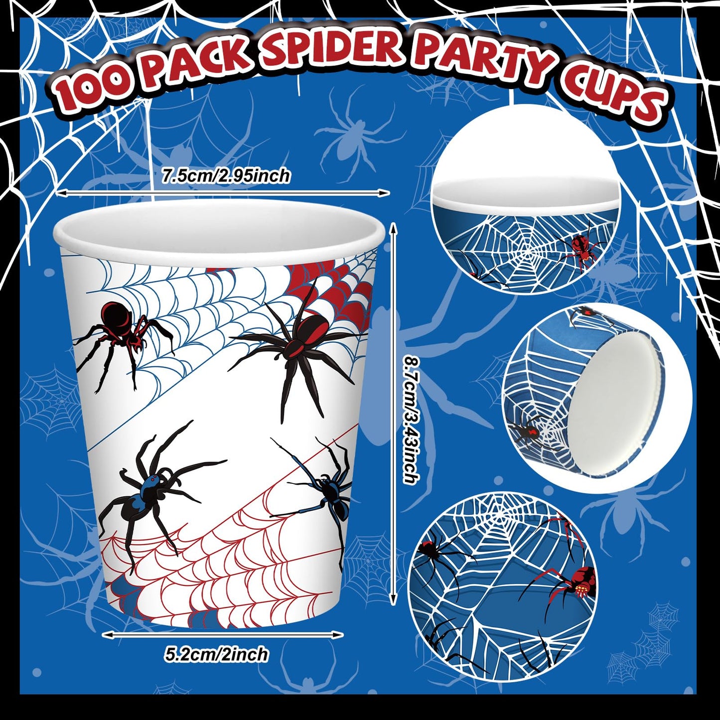 Teenyyou 100 Pcs 9 oz Spider Disposable Paper Cups Spider Party Decorations Red Blue Black Paper Drinking Cups for Hot Cold Wine Coffee Tea Beverage Holiday Birthday Wedding Home Party Supplies