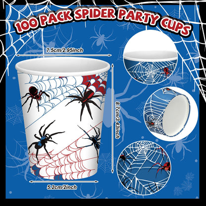 Teenyyou 100 Pcs 9 oz Spider Disposable Paper Cups Spider Party Decorations Red Blue Black Paper Drinking Cups for Hot Cold Wine Coffee Tea Beverage Holiday Birthday Wedding Home Party Supplies