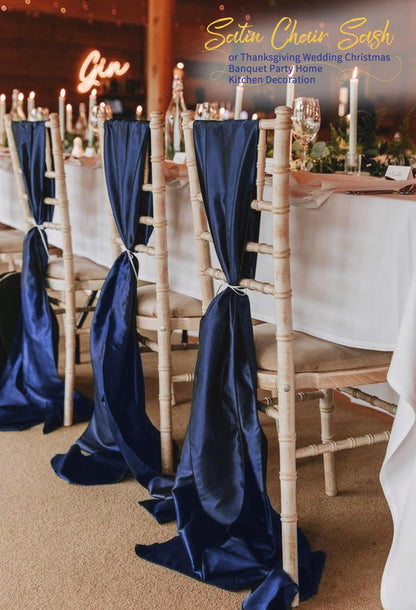 REWOMC 120 PCS Navy Blue Satin Chair Sashes, Ties Bows Designed Chairs Decorative, Chair Cover Sashes for Thanksgiving Wedding Christmas Banquet Party Home Kitchen Decoration (7 x 108 inch)