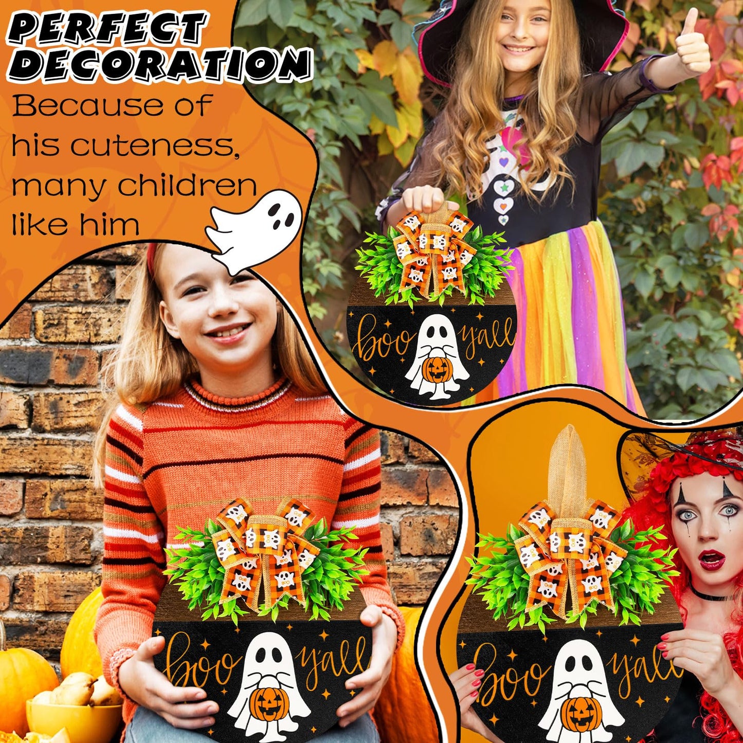 Halloween Wooden Welcome Sign for Front Door Hanging Spooky Ghost Boo Yall Sign with Bow Halloween Wooden Door Hangers Wreath for Farmhouse Home Window Outdoor Wall Party Decoration Supplies