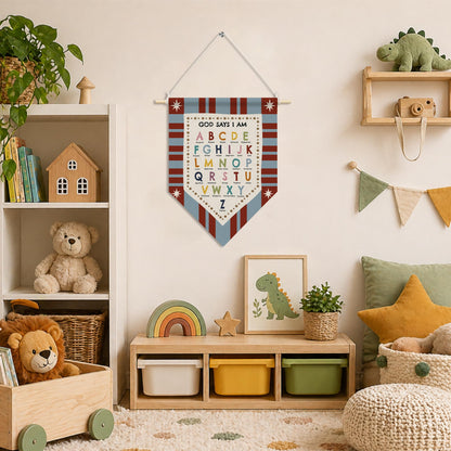 RUKUPA Christian Nursery Wall Art Decor, Alphabet Classroom Hanging Pennant Flag, God Says I Am Bible Verse Religious Wall Art Poster Hanger for Kids Room Bedroom Playroom Classroom Decor, 11x15 Inch