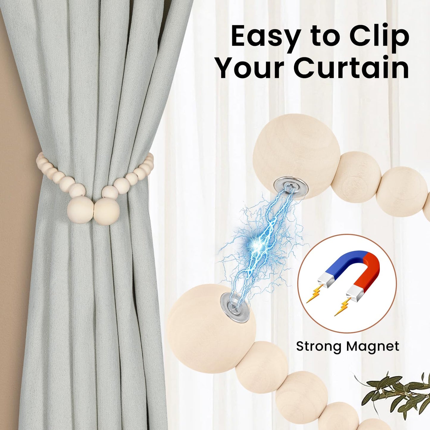 KLOGTSIND Magnetic Curtain Tiebacks, Curtain Tie Backs for Curtains 6 Pack, Wood Bead Curtain Tiebacks, Curtain Holders for Boho Bedroom Decor, Baby Nursery Decor, Farmhouse Decor