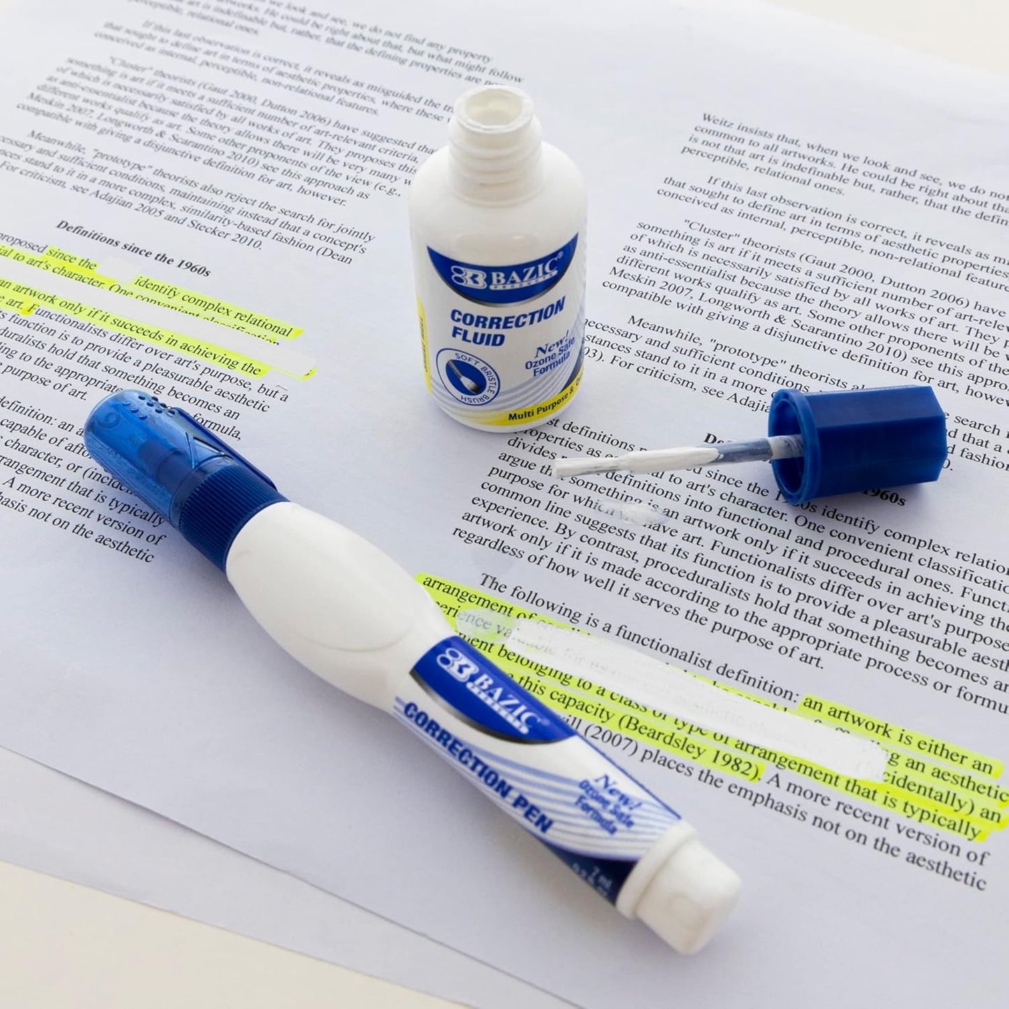 BAZIC Correction Fluid, Soft Bristle Brush & Precise Metal Tip Applicator, Fine Point Corrections Pen White Out Wipe Out Liquid (2/Pack), 24-Packs