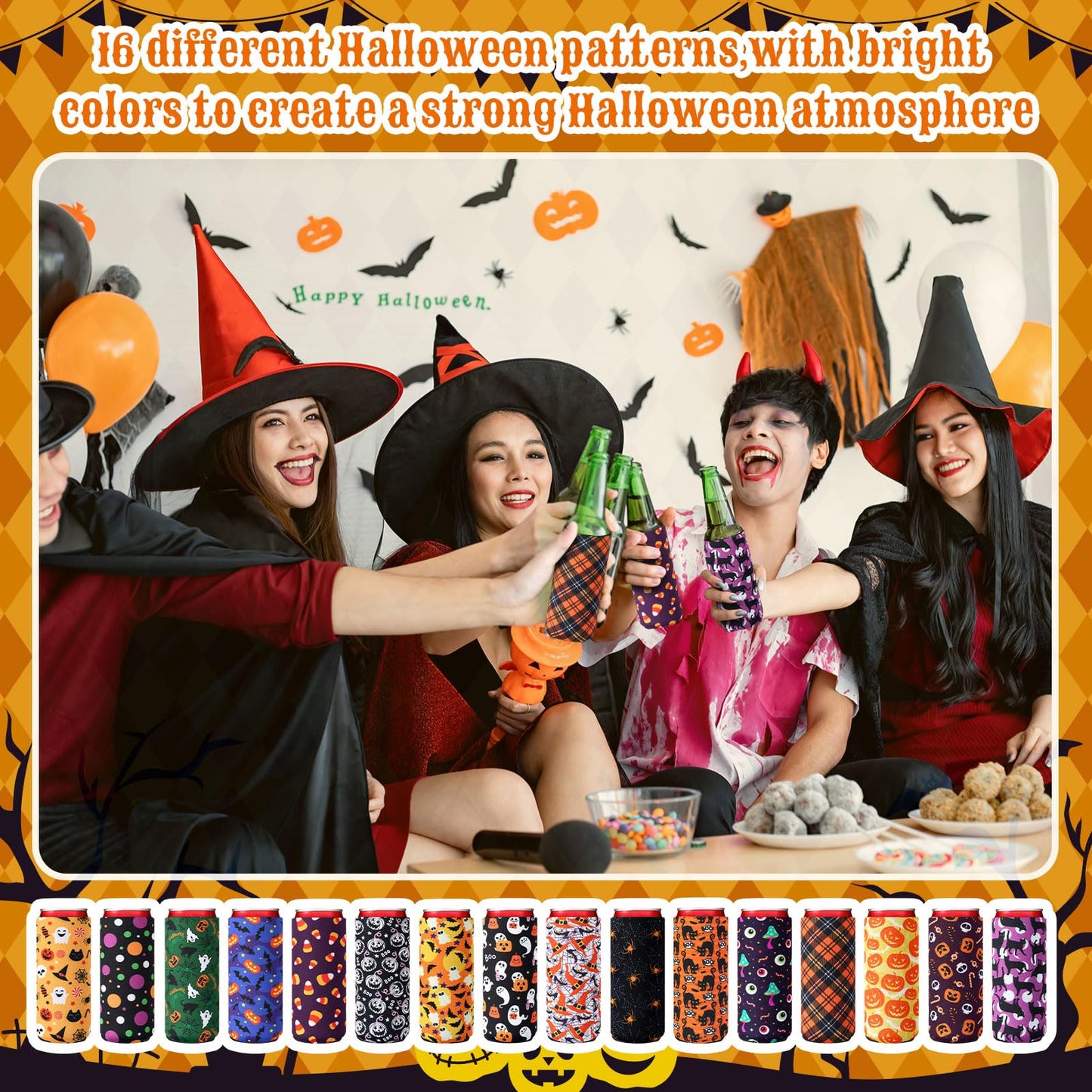 Mimorou 16 Pcs Halloween Can Coolers Sleeves 12oz Xmas Skinny Can Cooler Sleeves Reusable Neoprene Slim Beer Insulator for Halloween Party Favors Decoration Gifts Supplies (Spider)