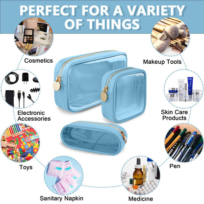 UIXIZQ Clear Mini Makeup Bag for Purse, Small Nylon&PVC Cosmetic Travel Bag TSA Approved Toiletry Bag with Zipper, Preppy Transparent Makeup Travel Bag Coin Purse for Women Men Girls(Mini-Blue)