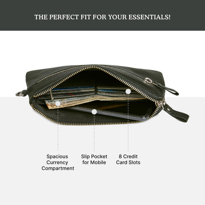 Wise Owl Accessories Genuine Leather Wristlet Wallet for Women Clutch Handbag Purses for Cell Phone Keys Coins Credit Card Slots (Black Nappa)