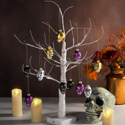 12 Pcs Day of The Dead Glass Ornaments- Dia De Los Muertos Sugar Skull Decorations- Halloween Hanging Skeleton Head Ornaments for Parties Xmas Tree Decoration