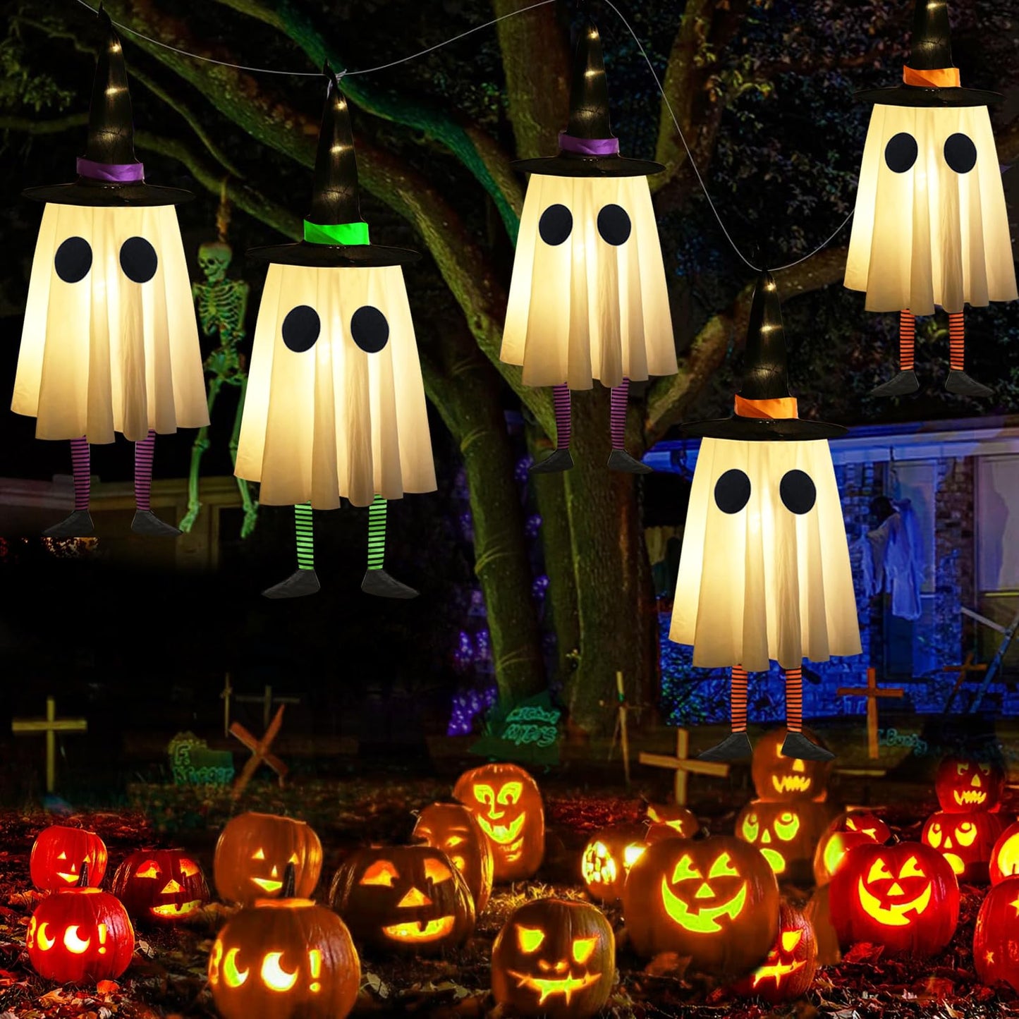 Set of 3 Halloween Hanging Ghosts,Halloween Decorations Outdoor Hanging Ghosts with Witch Hat,Glowing Ghost Witch Hat Light, Halloween Ghost Decor for Yard Patio Garden Tree Outside(3 Ghost Lighted)