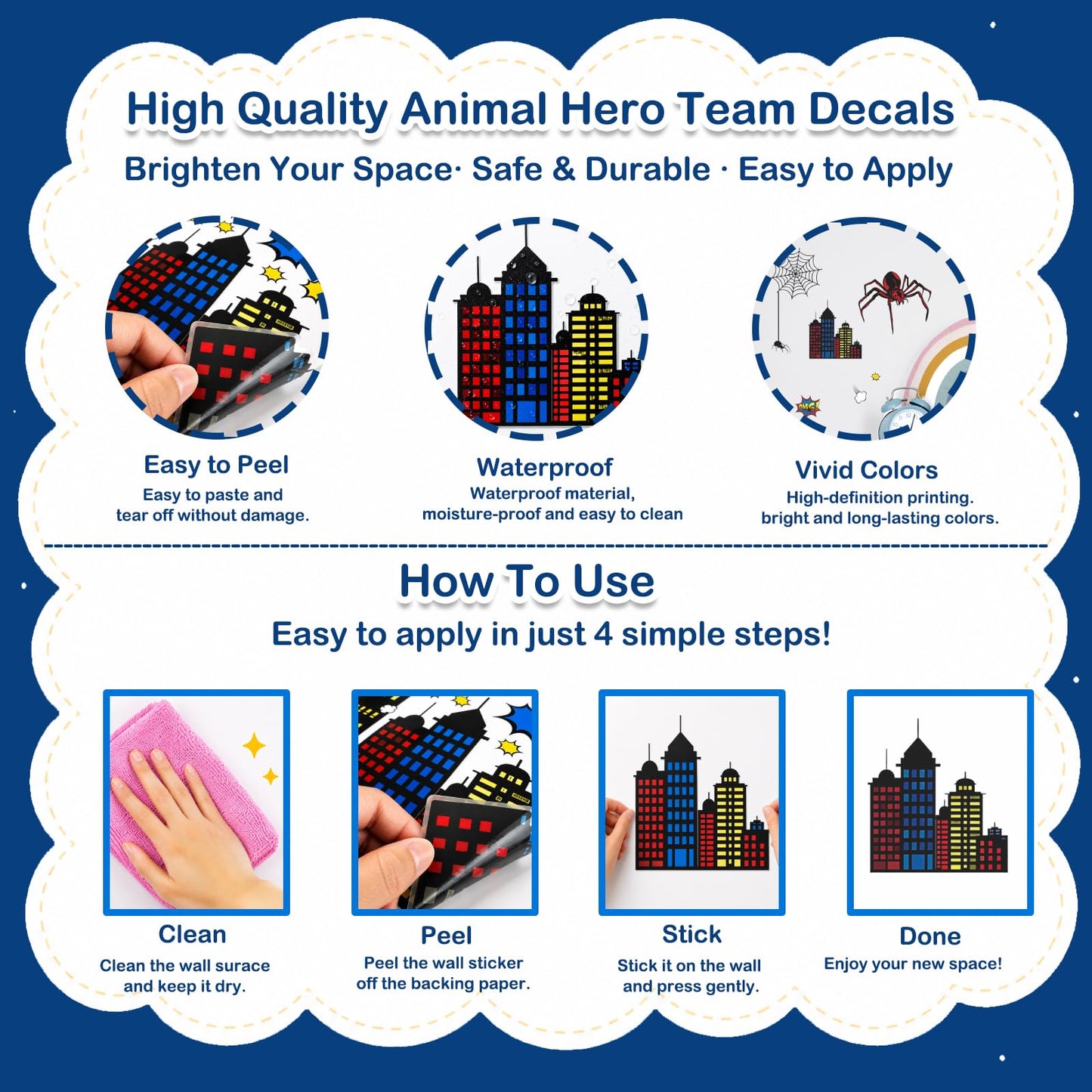 Superhero Wall Decor, Hero City Building Stars Stickers for Kids Boys, 70 Piece UV PVC DIY Removable Reusable Cartoon Stickers for Toddler Nursery, Bedroom, Playroom