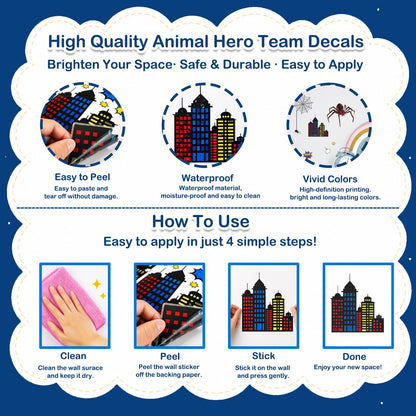 Superhero Wall Decor, Hero City Building Stars Stickers for Kids Boys, 70 Piece UV PVC DIY Removable Reusable Cartoon Stickers for Toddler Nursery, Bedroom, Playroom
