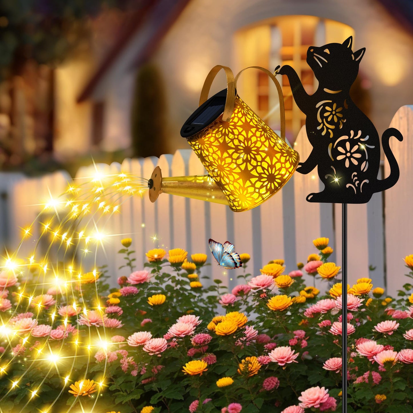 Solar Lights Outdoor Decorative, Watering Can with Cascading Lights, with Cat Silhouette Garden Stakes, Gifts for Mom Women, Waterproof Metal Garden Decor for Yard Art, Outside, Patio, Lawn Ornaments