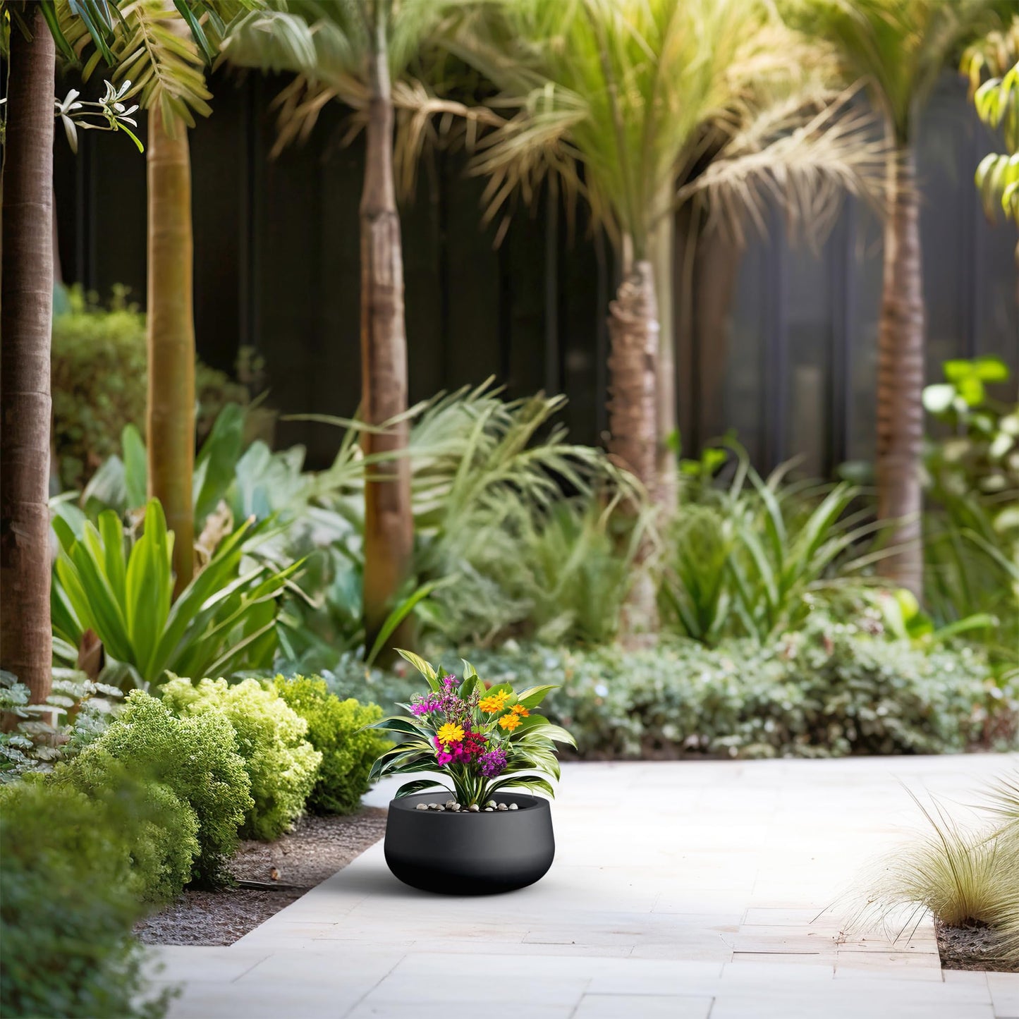 Kante 11.8" Dia Round Concrete Planter, Cement Plant Pots with Drainage Hole and Rubber Plug for Outdoor Indoor Garden Home, Modern Curvaceous Design, Black