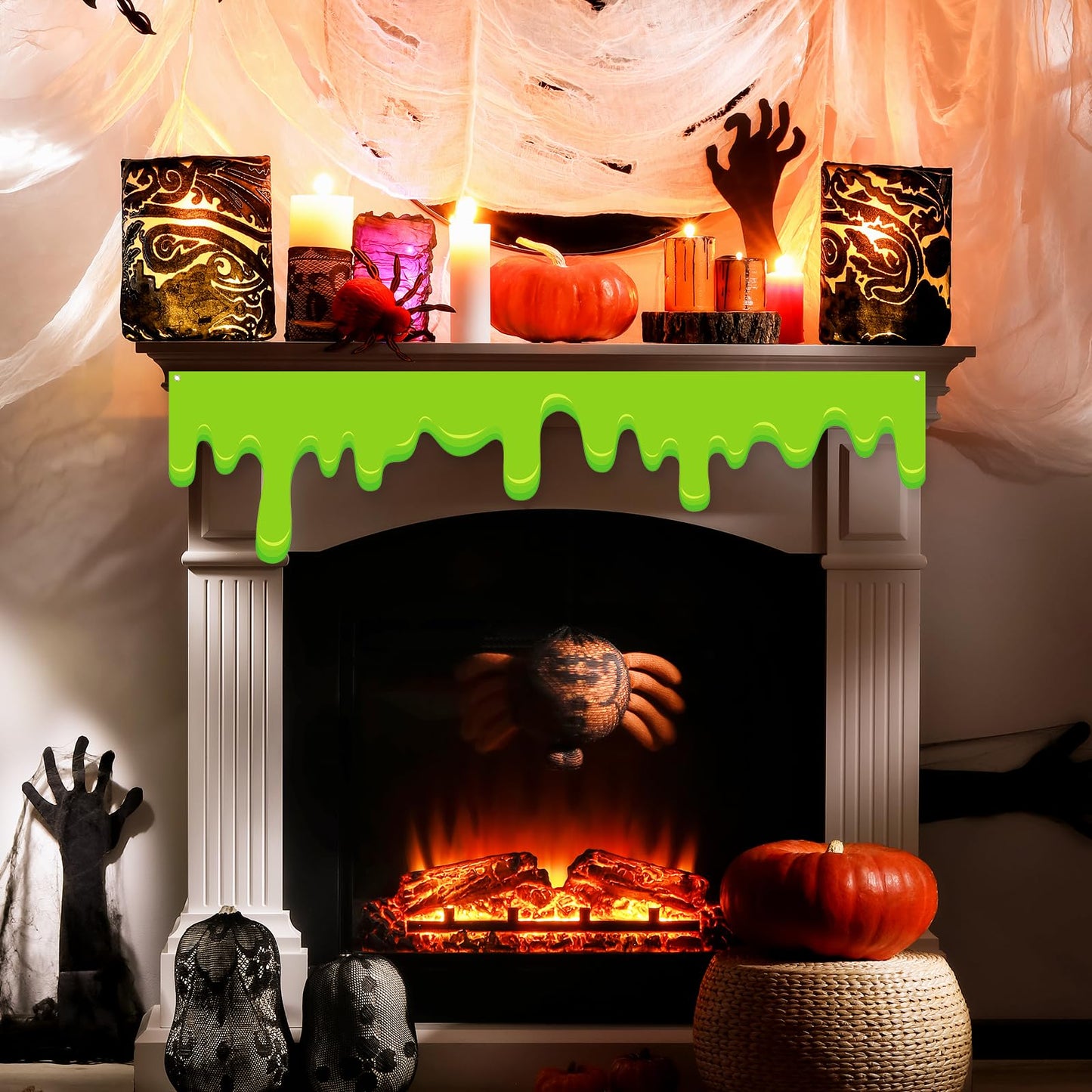 Panelee 4 Pack Halloween Green Slime Banner 51.2 x 13 Inch Halloween Themed Party Hanging Backdrop Decoration Slime Roof Fence Signs Decor for Indoor Outdoor Eaves Doorways Windows Balcony (Green)