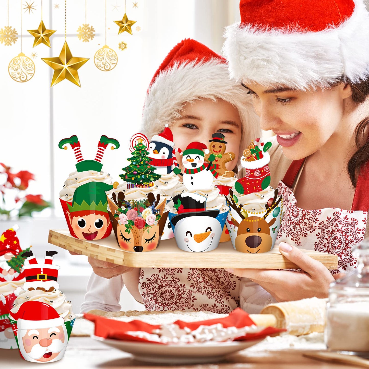Perthlin 108 Pieces Christmas Cupcake Toppers Wrappers Snowman Santa Claus Reindeer Elf Penguin Gingerbread Christmas Tree Cake Decorations Cupcake Picks Liners for Xmas Holiday Party Supplies Favors