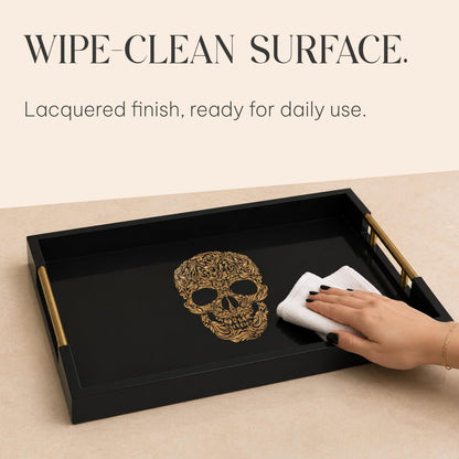 Gothic Skull Serving Tray with Gold Handles – Black Gloss Wooden Ottoman Tray for Coffee Table, Bar, or Kitchen – Elegant Gothic Decor & Unique Gift for Halloween, Horror & Alternative Style Lovers