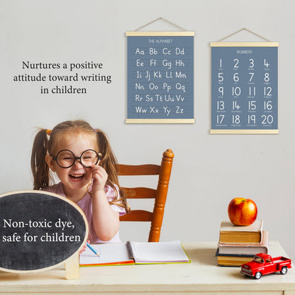 Numbers Alphabet Poster for Toddlers,Educational Wall Chart for Nursery Kids Learning, Homeschool & Playroom Decor and Bedroom for Wooden Hanger Frame Set of 2, 12x18 Inch - A03