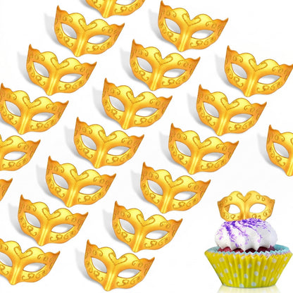 Deekin 24 Pcs Mini Masks Masquerade Small Masquerade Mask Cake Toppers Decorative Mardi Gras Venetian Party Decoration(Gold)