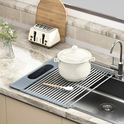 Roll Up Dish Drying Rack Over Sink, 17.5" x 15.2" Foldable SUS304 Stainless Steel Kitchen Dish Drainer, Heat-Resistant Multipurpose Rolling Sink Rack Organizer,Grey