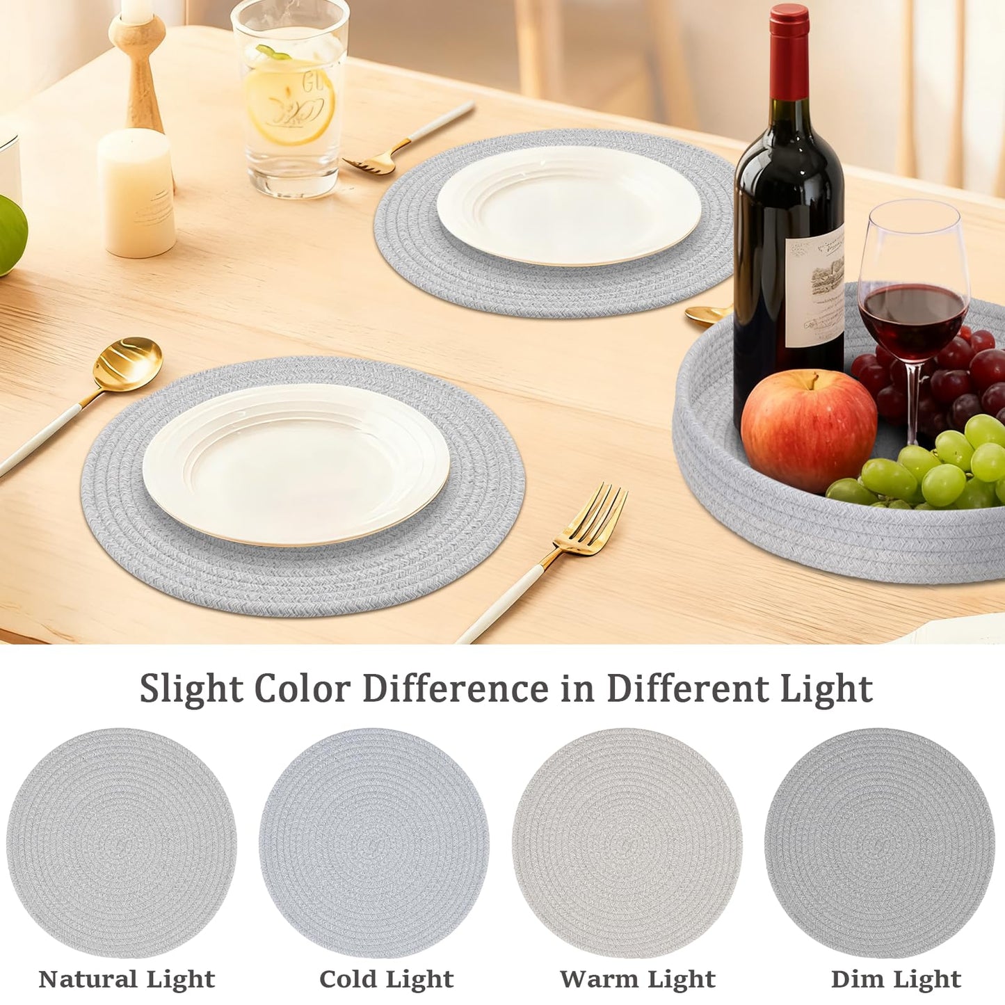 Round Placemats Set of 6 with Holder, Cotton Rope Woven Place Mats, Hot Pads for Kitchen, Heat Resistant Table Mats, 13 Inch Farmhouse Washable Braided Placemat for Kitchen Decor (Gray)