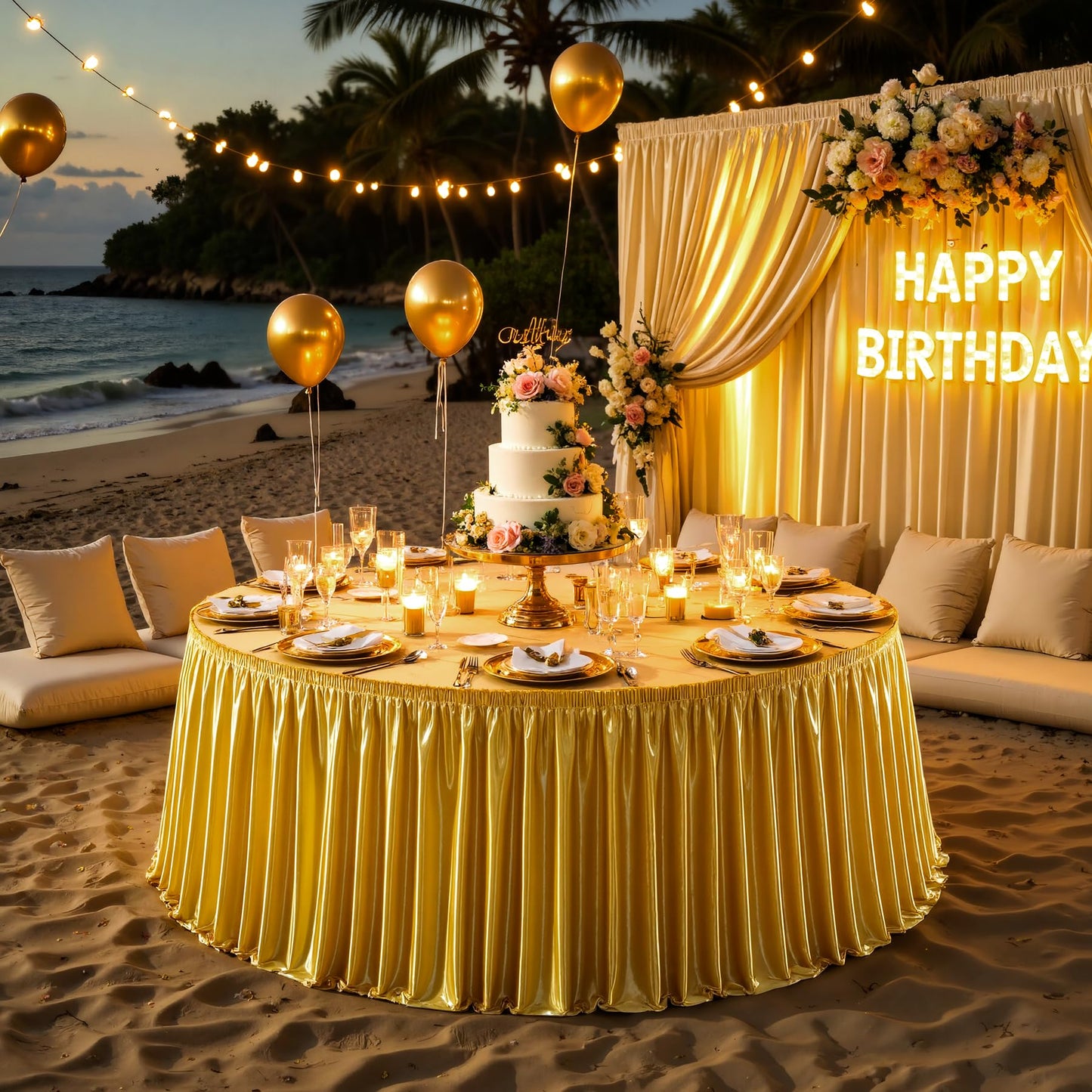 Wish Care 6ft Gold Satin Table Skirt for Rectangle Tables Wrinkle Free Glitter Desk Skirts Pleated Ruffle Table Cloth for Wedding Birthday Graduation Cocktail Party Buffet Display Table Decorations