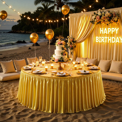Wish Care 6ft Gold Satin Table Skirt for Rectangle Tables Wrinkle Free Glitter Desk Skirts Pleated Ruffle Table Cloth for Wedding Birthday Graduation Cocktail Party Buffet Display Table Decorations