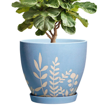 EPFamily 10 Inch Large Ceramic Plant Pot with Saucer - Round Planter with Drainage for Indoor Outdoor Plants, Boho Flower Pot, Home Office Room Garden Decor, Housewarming Gift, Blue