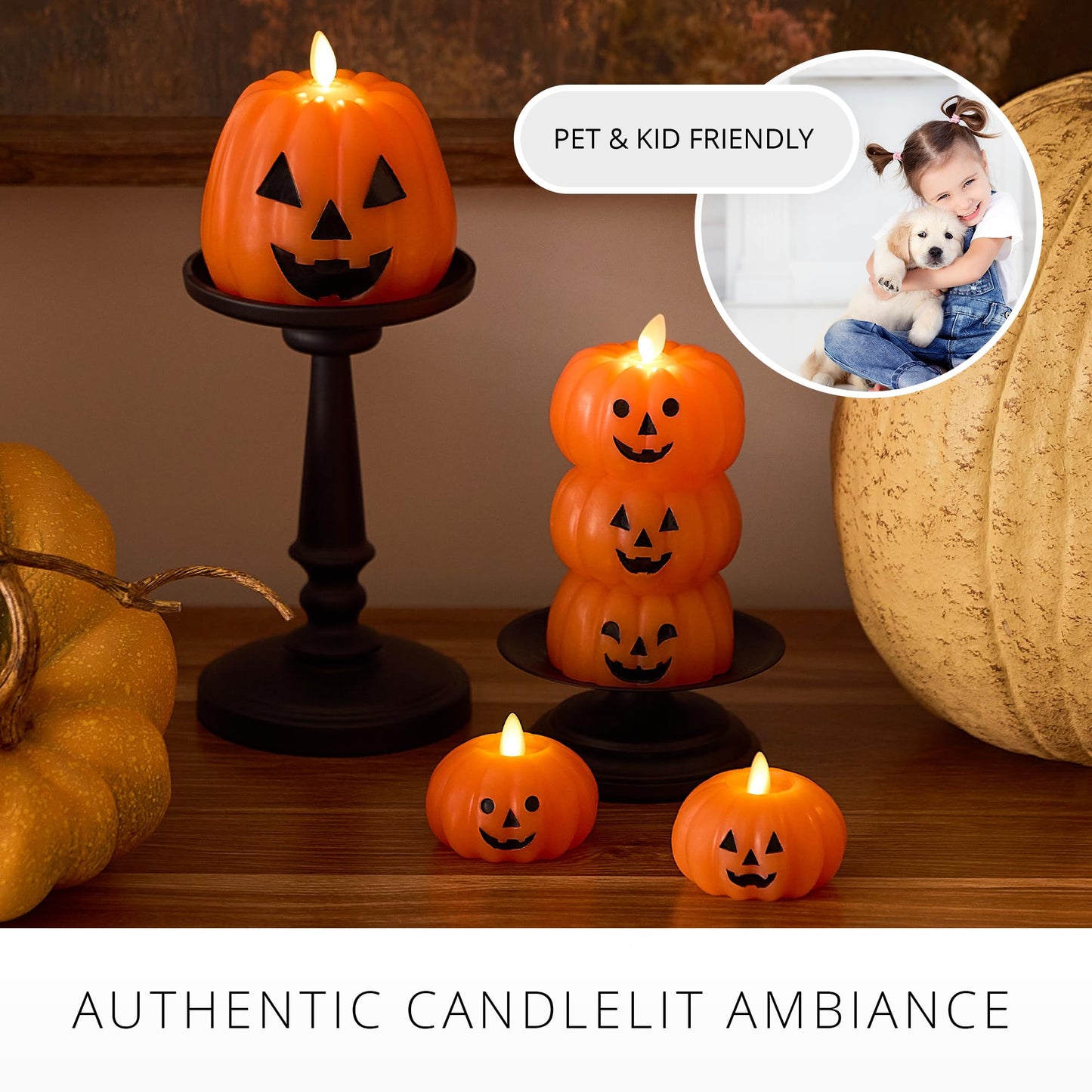 Luminara Flickering Flameless 4" x 4.3" Candle, Battery Powered LED Jack-o-Lantern Pumpkin Candle w/Timer, Remote Ready (Sold Separately), Real Orange Wax Indoor Halloween Decoration