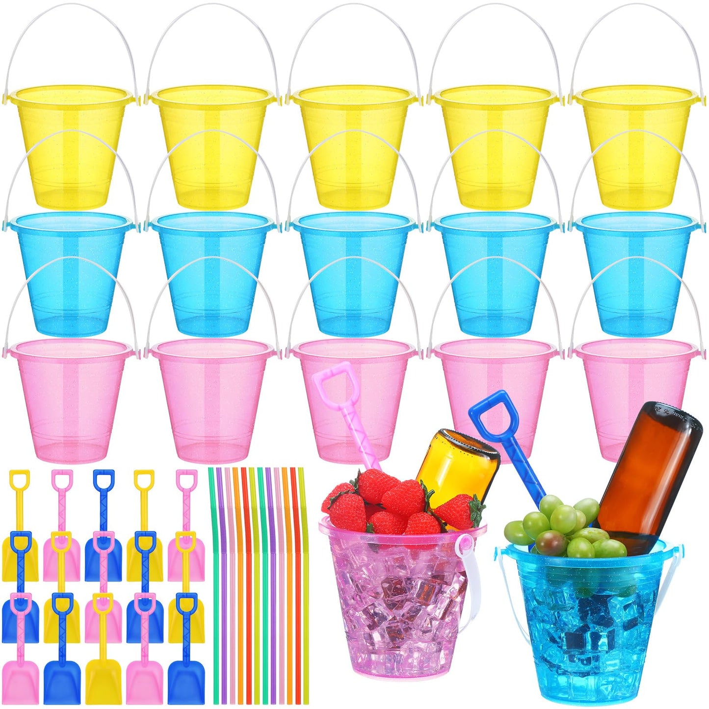 CroBlissful 15 Set 33.8 Ounce Large Beach Drink Buckets with Shovels Disposable Straws Plastic Bucket with Handles for Summer Holiday Party Beach Birthday Party Favors (Glitter)