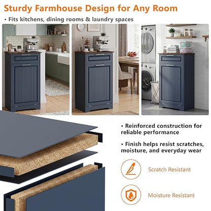 Single 10 Gallon Tilt Out Trash Can Cabinet with Deodorizing Function, Wooden Hidden Garbage Can Holder with Storage Drawers for Kitchen and Dining Room, Laundry Hamper Cabinet for Bathroom, Blue