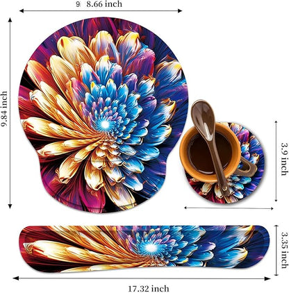 Keyboard Wrist Rest and Mouse Wrist Rest Pad with Cup Coaster,Made of Memory Foam,Ergonomic Support,Easy-Typing and Pain Relief,for Gaming Office Home Computer,Abstract Flower